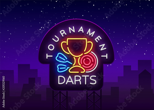 Darts Tournament neon sign. Vector illustration. Bright nightly Darts advertising, neon logo, symbol, lightweight banner, design template for your projects. Billboard