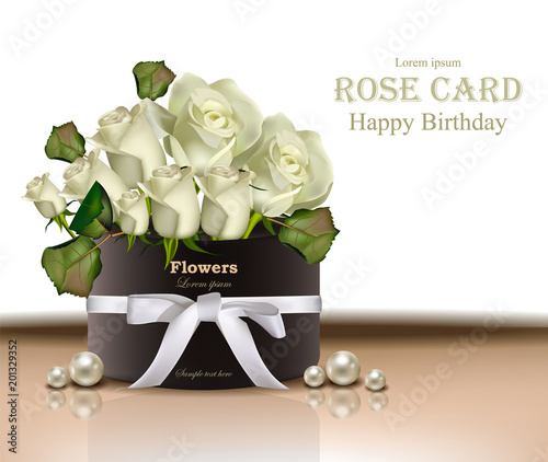 White roses flowers bouquet card Vector realistic. Beautiful floral backgrounds