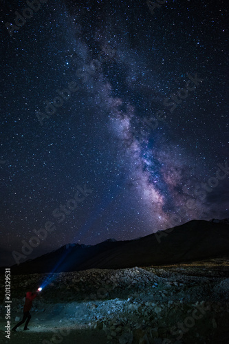 Milky Way rises over the mountain near Pangong Lake in Ladakh, Jammu and Kashmir State, India