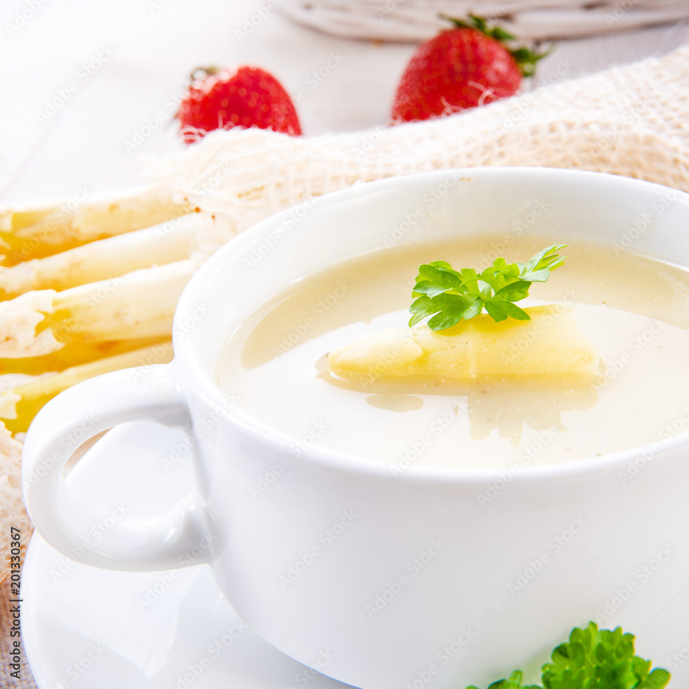 asparagus cream soup with capers and fresh baguette asparagus cream soup with capers and fresh baguette