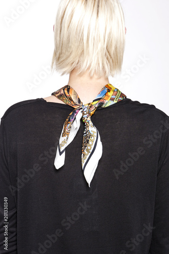 woman stand up wearing clothes and scarf isolated white background.