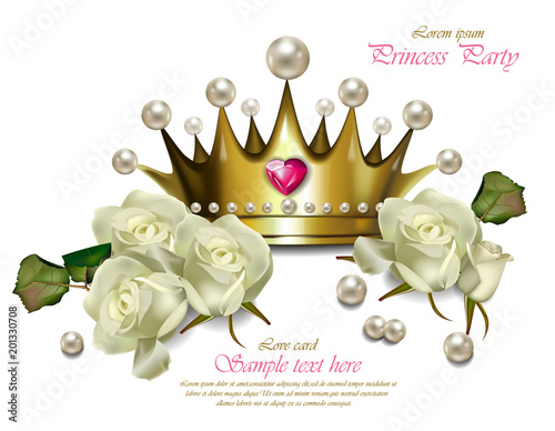 Beautiful pearl crown and white roses Vector realistic. Princess party cards