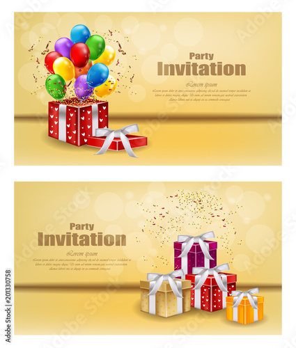 Gifts and Balloons party invitation card Vector. celebrate events banner posters