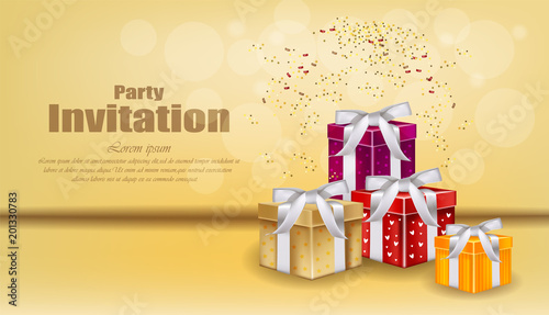 Party invitation card with gifts Vector. celebrate events banner posters