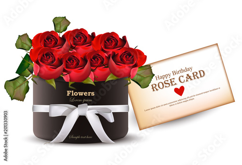 Red roses flowers bouquet card Vector realistic. Beautiful floral backgrounds