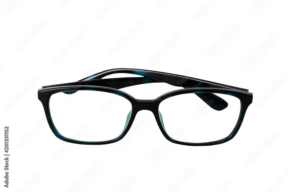 Eye glasses. Glossy dark blue eye spectacles ,front view isolated on white background..