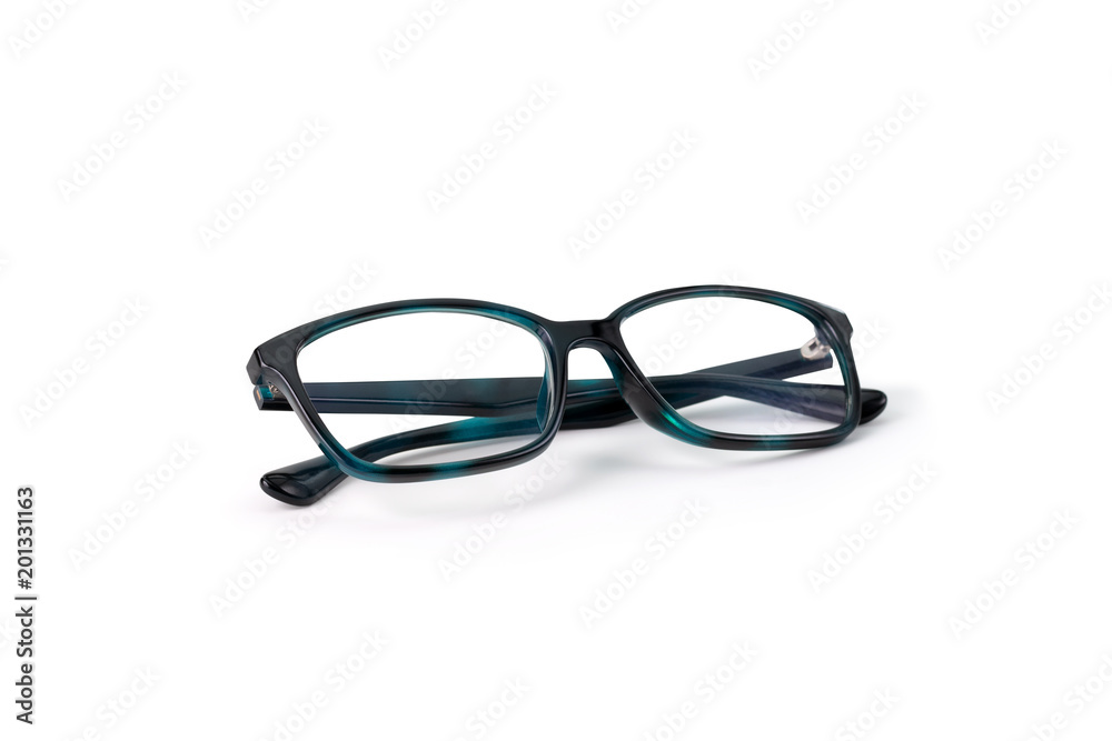 Eye glasses. Glossy dark blue eye spectacles ,side view isolated on white background..