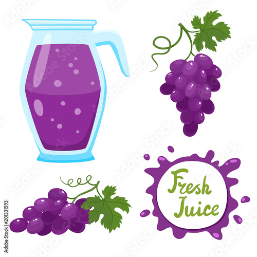 Vector set of grapes juice and berries isolated on white