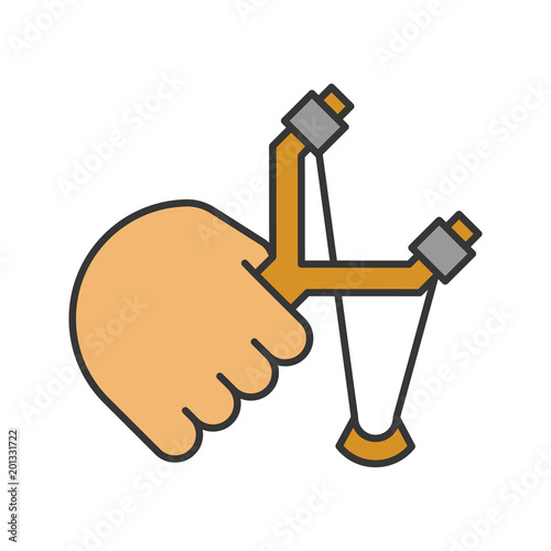 Hand holding slingshot color icon