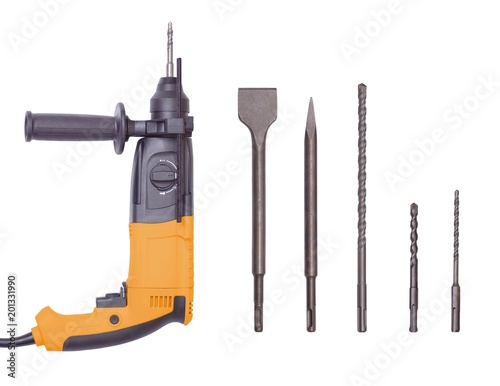 Rotary Hammer and various hammer drill bits close-up.