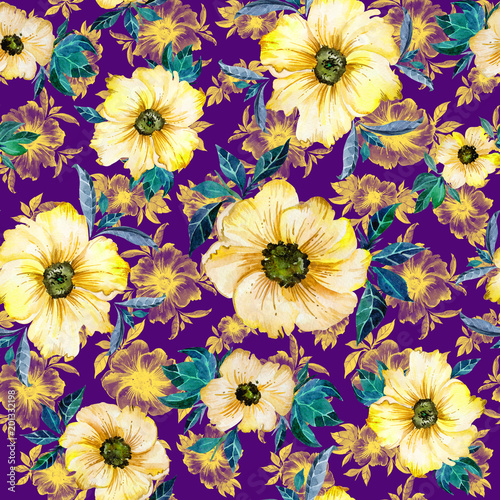 Lovely yellow flowers with green leaves and their outlines on purple background. Seamless floral pattern. Watercolor painting. Hand drawn illustration.