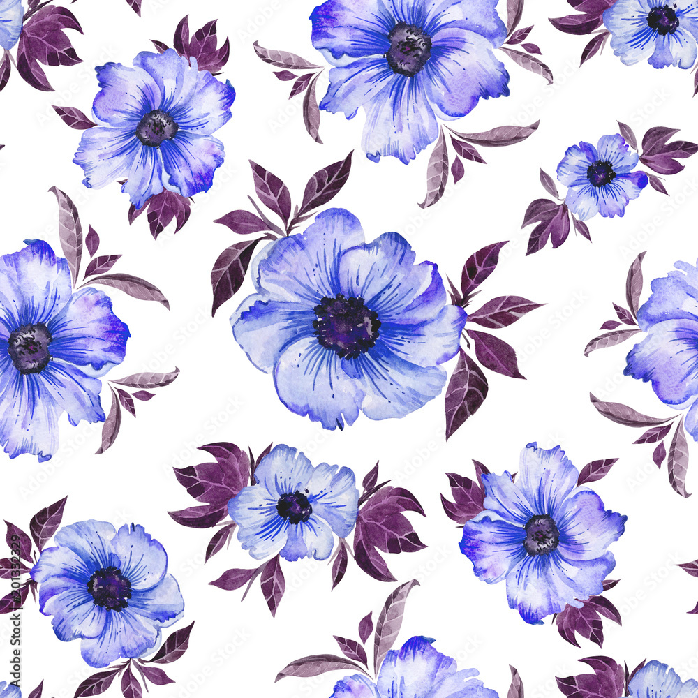 Beautiful blue simple flowers with purple leaves on white background. Seamless floral pattern.  Watercolor painting. Hand drawn illustration.