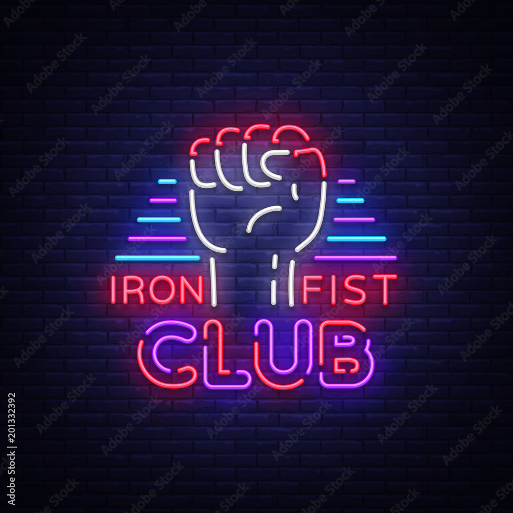 Fight Club Logo in Neon Style. Iron fist club is a neon sign. Sports