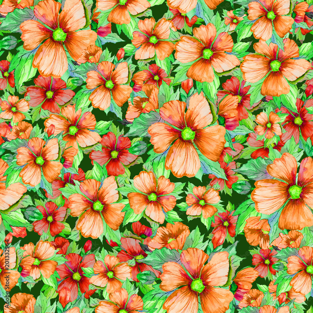 Fototapeta premium Seamless floral pattern made of orange malva flowers on dark green background. Watercolor painting. Hand drawn and painted illustration.