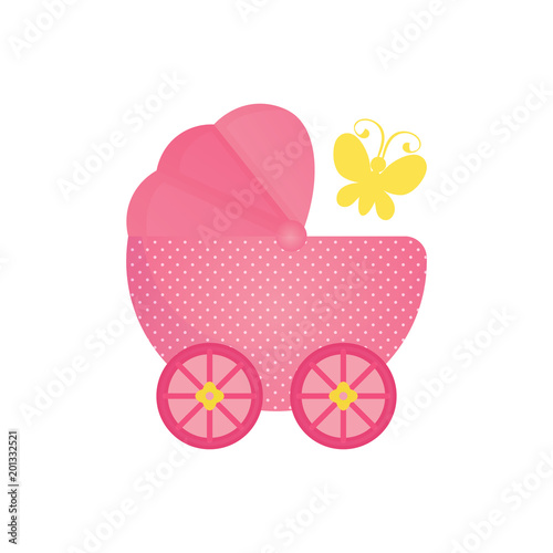 Cartoon Baby carriage icon with a butterfly.