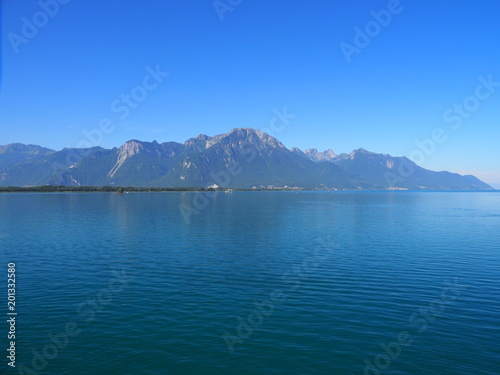 Panoramic view of alpine Lake Geneva landscape seen from Chateau de Chillon in Montreux city in SWITZERLAND
