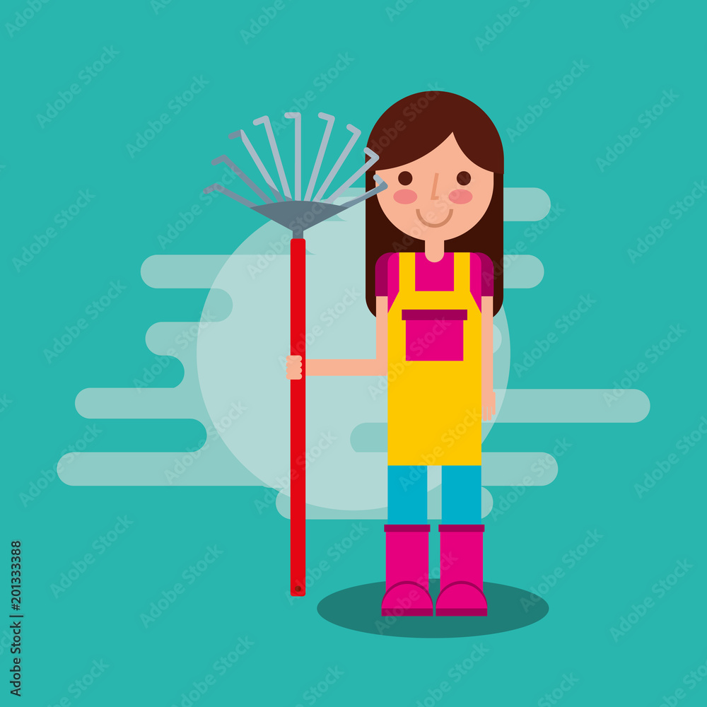 Fototapeta premium girl gardener holding garden rake farm tool vector illustration