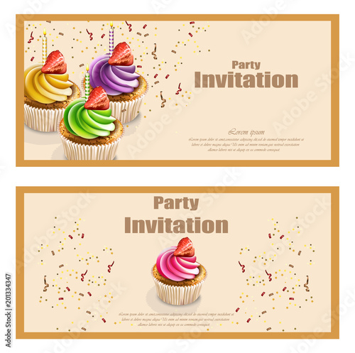 Invitation party card with cupcakes Vector. Birthday, wedding, event, celebra...