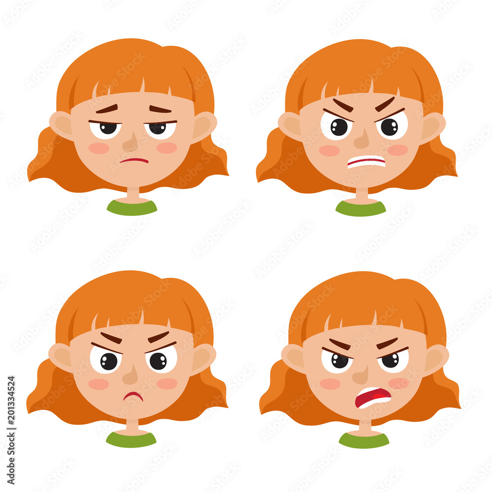 Little red-haired girl angry face expression isolated on white Little red-haired girl angry face expression isolated on white