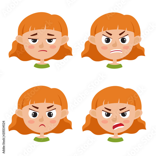 Little red-haired girl angry face expression isolated on white