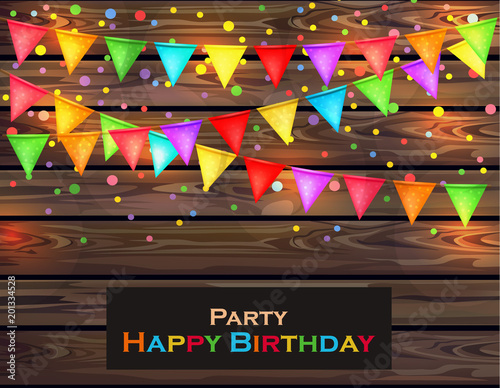 Happy Birthday card with colorful confetti decor. Vector