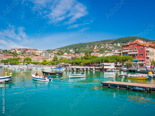 View of the port of Lerici, Golfo dei Poeti, near the Cinque Terre, Liguria.