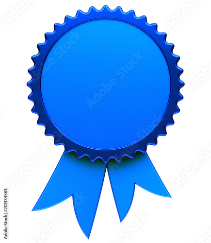 3d illustration of blue award ribbon blank reward medal rosette. Best badge winner template design element empty. Isolated on white background