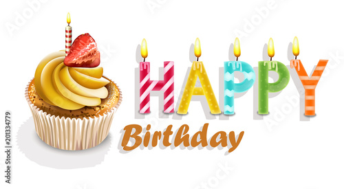 Happy Birthday Cupcakes card Vector realistic. 3d illustrations
