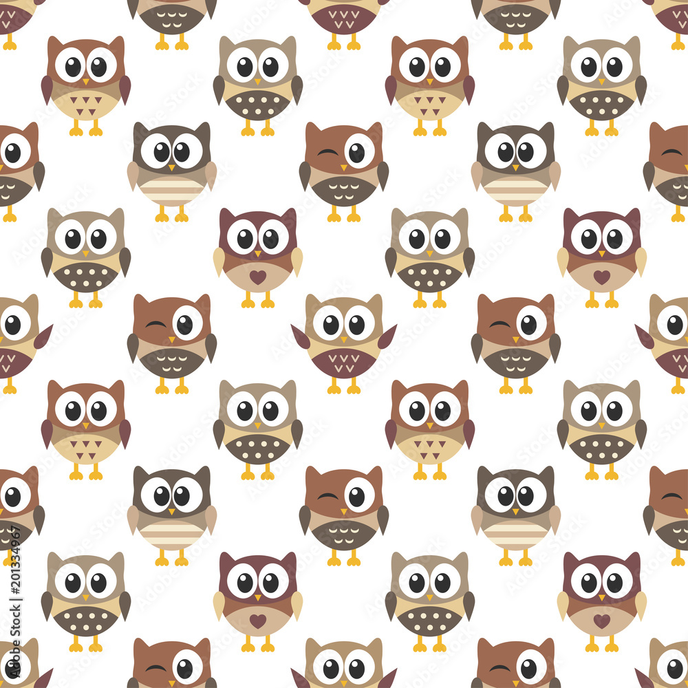 pattern with cute owls on white background