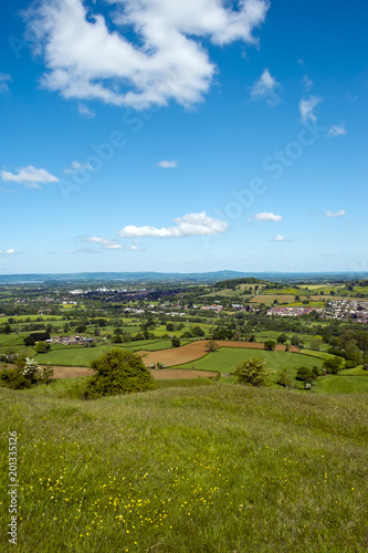 Extensive view from Selsey Common over a patchwork of fields in The Severn Vale, Gloucestershire, UK.