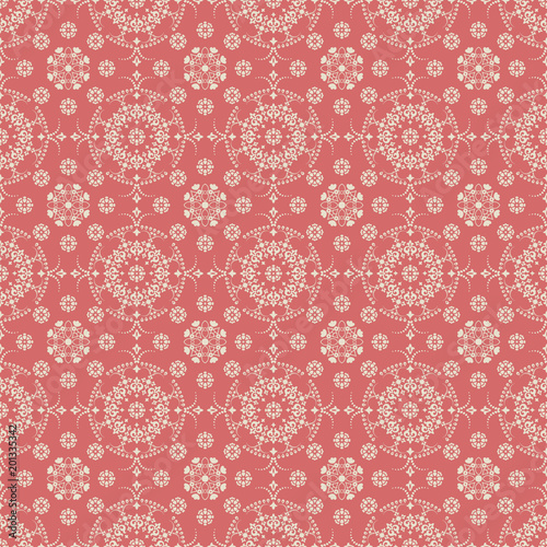 Seamless red background with beige mandala ornament in the east style. Ideal for printing on fabric or paper. Vector illustration.