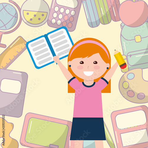 school little girl student with book pencil supplies background vector illustration
