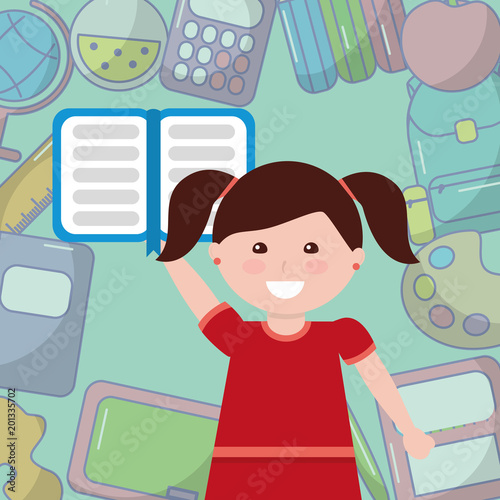 school little girl student with book supplies background vector illustration