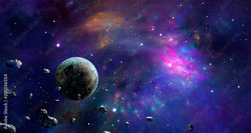 Space scene. Colorful nebula with planet and asteroids. Elements furnished by NASA. 3D rendering