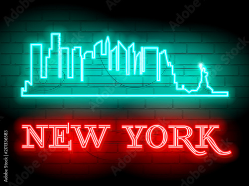 Neon silhouette of New York (United States) city skyline vector background. Neon style sign illustration. Illustration for t shirt printing or wall decoration. Brickwall as background.
