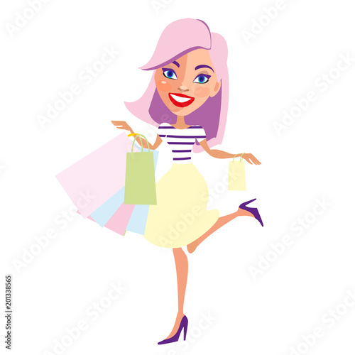 beautiful woman, shopping, on a white