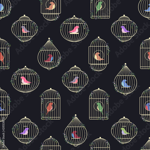 Vector pattern of colored birds of prisoners in golden cages. The rods of bird cages are entwined with ivy.