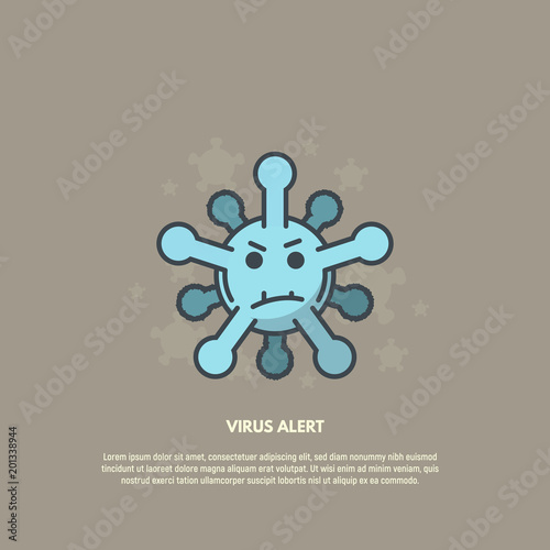 Evil virus banner. Bad and scary villain biological virus. Flu or other human pathogen with evil facial expression. Virus face and banner text template.