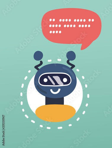 Robot in white speech bubble on red background. Cute robot icon in speech bubble. Support service bot. 