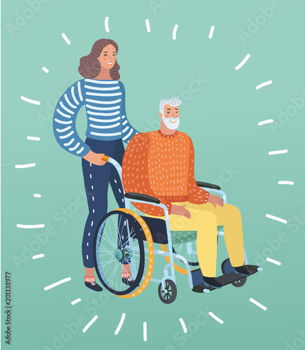 Helping an old man on wheel chair