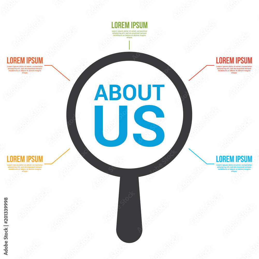 Marketing Concept: Magnifying Optical Glass With Words About Us Marketing Concept: Magnifying Optical Glass With Words About Us