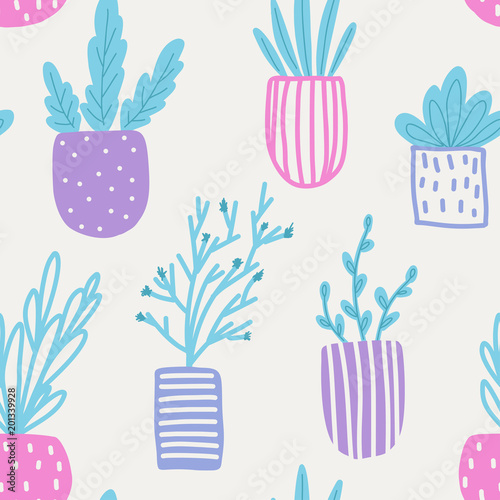 Seamless pattern with flowers in pots.