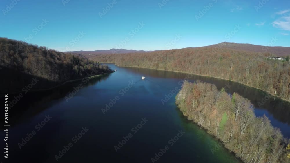 Aerial of island and lake at Plitvice Park Aerial of island and lake at Plitvice Park