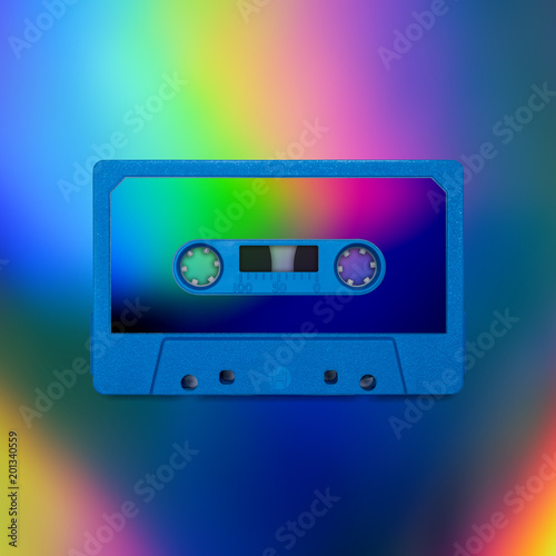 Cassette tape nostalgia, isolated and presented in intense iridescent holographic colors, for creative design cover, poster, book, printing, gift card, flyer, magazine, web & print