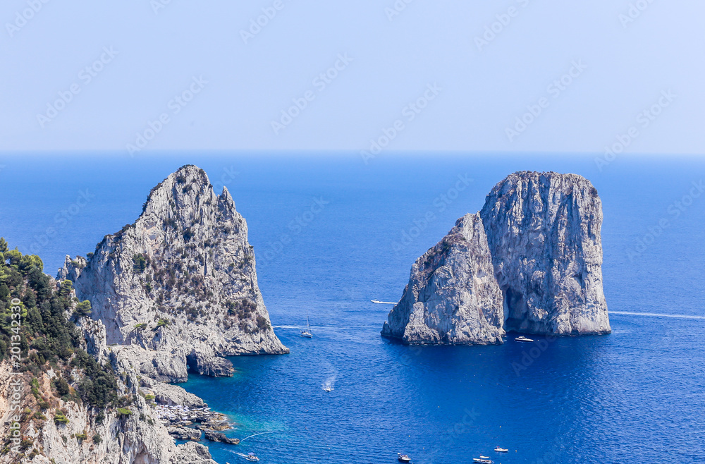 Italy. Capri Island. Faraglioni rock formation seen from Gardens of Augustus
