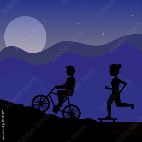silhouette bicyclist man on a bicycle and runner woman at night vector illustration