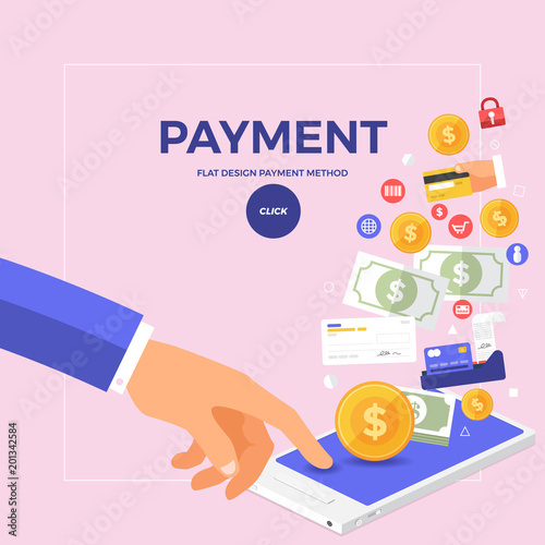Flat design concept online payment with click on mobile. Vector illustrate.
