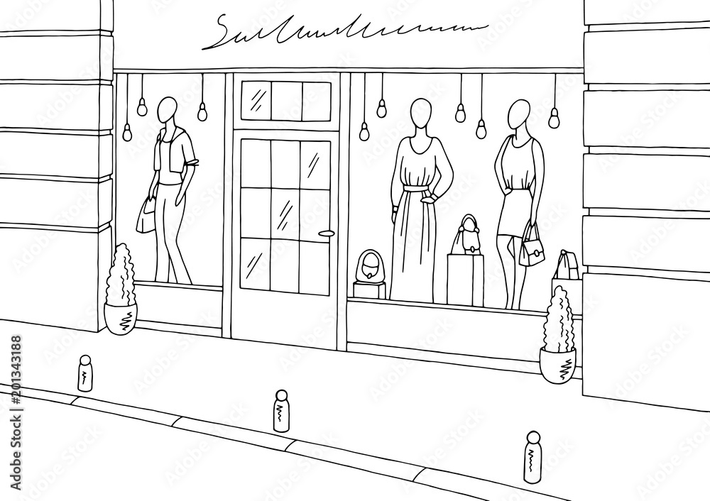 Clothing store shop exterior graphic black white boutique sketch  illustration vector Stock Vector | Adobe Stock