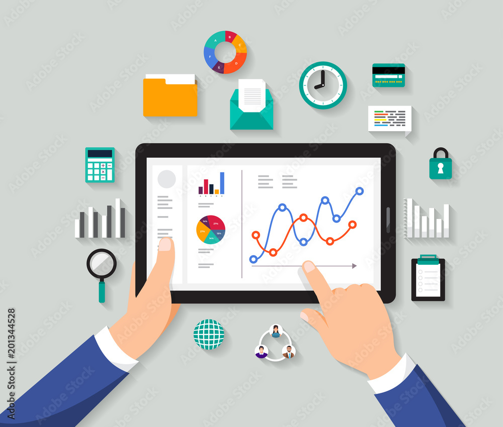 Flat design concept businessman analysis digital data. Vector illustrate