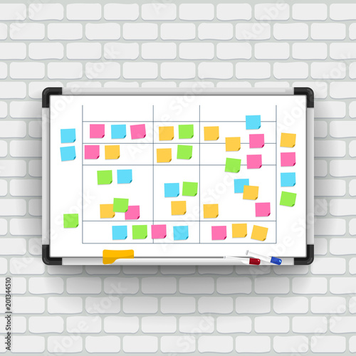 Empty whiteboard with marker pens and note paper. Business presentation office white board isolated vector mockup. Vector illustrate.
